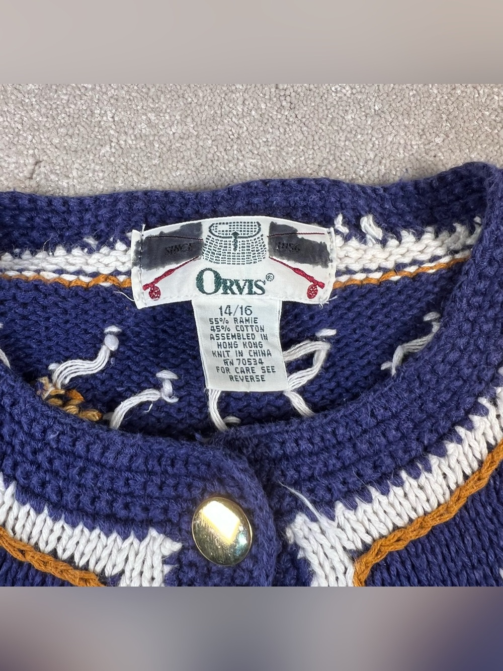Vintage Orvis Sweater Cardigan Embroidered Angels Button Front Blue 14/16 - Picture 3 of 10